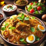 Delicious plate of authentic biryani with saffron-infused rice, tender chicken/mutton, garnished with fried onions, mint, and boiled eggs.