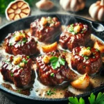 Juicy garlic butter steak bites sizzling in a cast-iron skillet, garnished with fresh parsley.