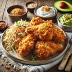 crispy plate of keto fried chicken made with almond flour and pork rinds, served with keto-friendly side dishes.