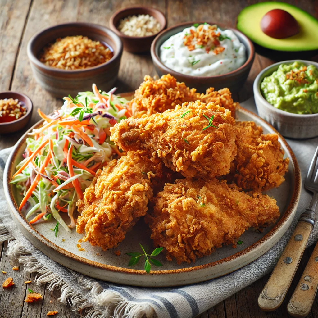 crispy plate of keto fried chicken made with almond flour and pork rinds, served with keto-friendly side dishes.